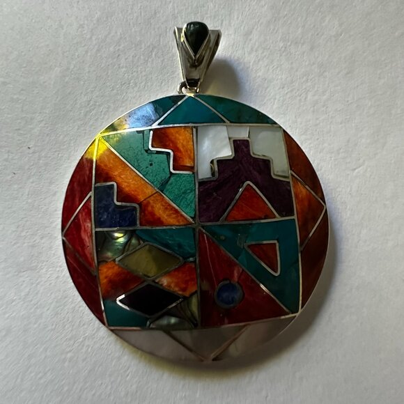 Peruvian 950 Sterling Silver Pendant | Circular Mosaic Inlay with Natural Stones - Picture 5 of 8